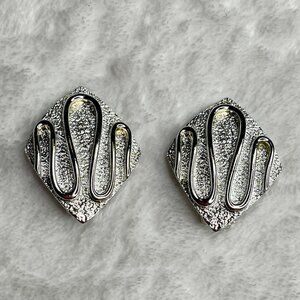 Vintage Sarah Cov Clip-On Earrings Silver-Tone Diamond Shape with Textured & Smo